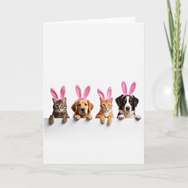 Four Pets Peek Over Fence Card (Front)