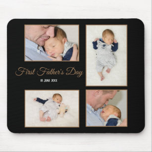 Four Photo Collage First Fathers Day Script Black Mouse Pad