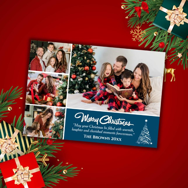 Four photo collage modern cute blue Christmas  Holiday Card (Front )