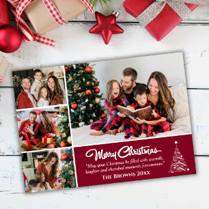 Four photo collage modern cute burgundy Christmas Holiday Card