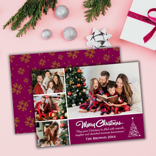 Four photo collage modern cute deep wine christmas holiday card (Front/Back )