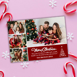 Four photo collage modern cute maroon Christmas  Holiday Card