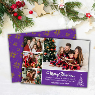 Four photo collage modern cute purple christmas holiday card