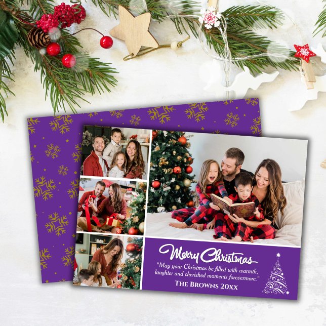 Four photo collage modern cute purple christmas holiday card (Front/Back )