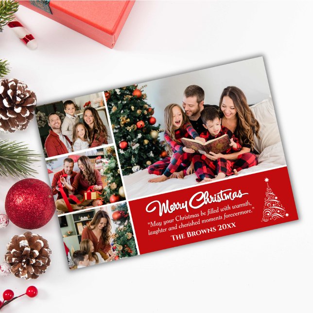 Four photo collage modern cute red Christmas  Holiday Card (Front )