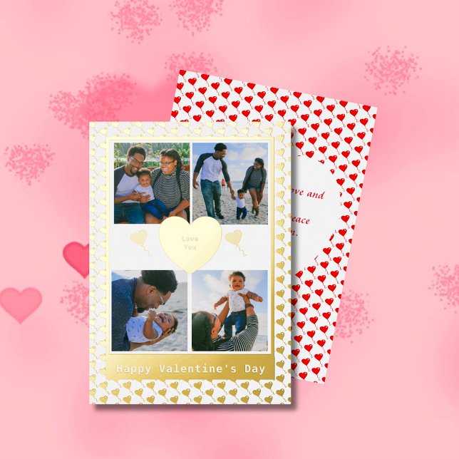 Four Photo Family Gold Red Hearts Poem Valentines Foil Holiday Card (Four Photo Family Gold Red Hearts Poem Valentines Foil Holiday Card Cover)