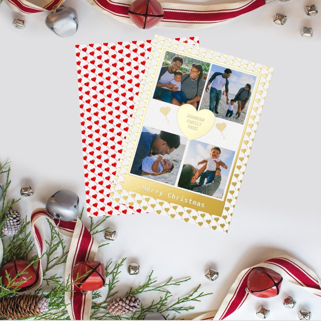 Four Photo Family Name Gold Red Hearts Christmas Foil Holiday Card (Creator Uploaded)