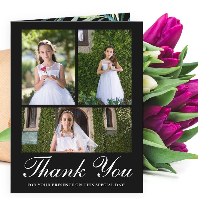 Four Photo Greenery First Communion Black Thank You Card (Creator Uploaded)
