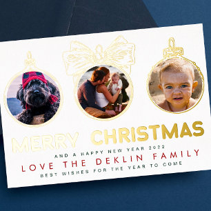 Four Photo Ornament Merry Christmas Happy New Year Foil Holiday Card