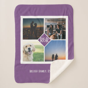 Four Photo Template Monogram Personalised Purple Sherpa Blanket