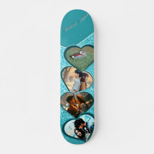 Four photos and name heart blue water abstract  skateboard