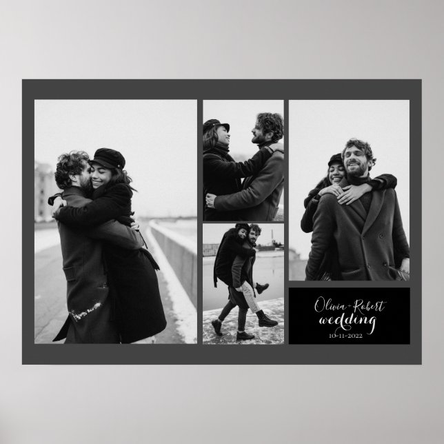 Four Photos Black and White Typography Wedding Poster (Front)
