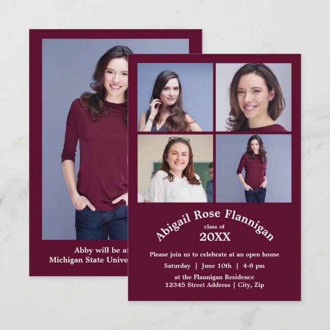 Four Photos Collage Burgundy- 3x5  Graduation Invitation (Front/Back)