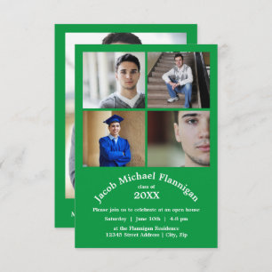 Four Photos Collage Green 3x5- Graduation Announce Invitation
