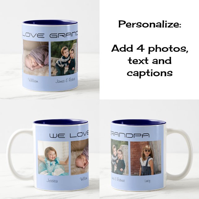Four photos editable text personalised coffee mug (Two-tone coffee mug, navy color choice. 'Design theme' blue)