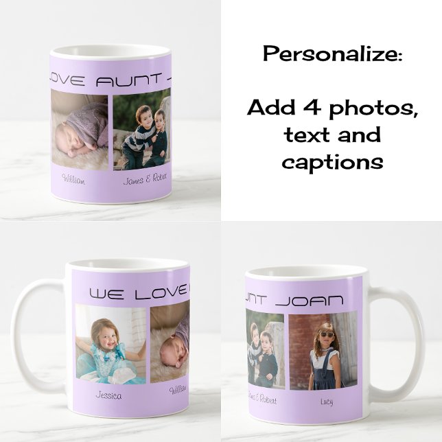 Four photos editable text personalised lilac coffee mug (Classic coffee mug. 'Design theme' lilac)