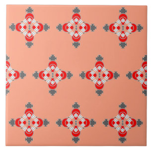 Four point Mandala, Coral, Grey / Grey and Red Ceramic Tile