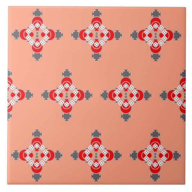 Four point Mandala, Coral, Grey / Grey and Red Ceramic Tile (Front)