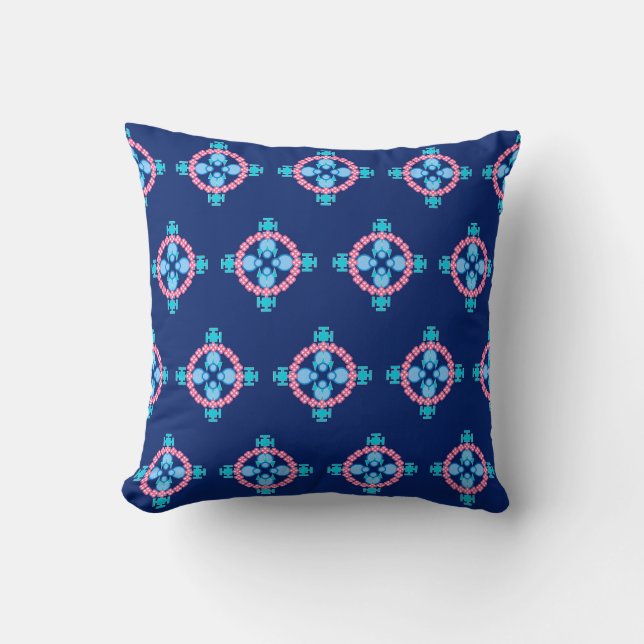 Four point Mandala, Indigo Blue, Turquoise & Pink Cushion (Front)