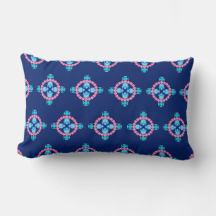 Four point Mandala, Indigo Blue, Turquoise & Pink Lumbar Cushion