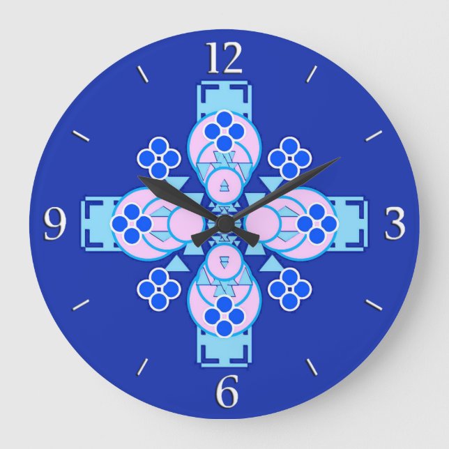Four point Mandala - orchid, blue and cobalt Large Clock (Front)