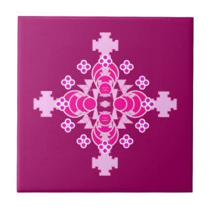 Four point Mandala Pattern, Pale Pink and Plum Ceramic Tile