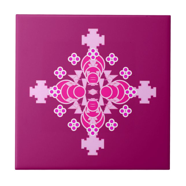 Four point Mandala Pattern, Pale Pink and Plum Ceramic Tile (Front)