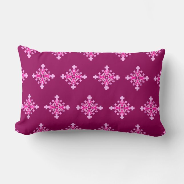 Four point Mandala Pattern, Pale Pink and Plum Lumbar Cushion (Front)