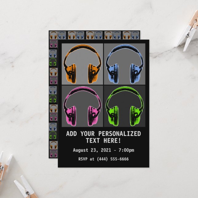 Four Pop Art Headphones Invitation (Front/Back In Situ)