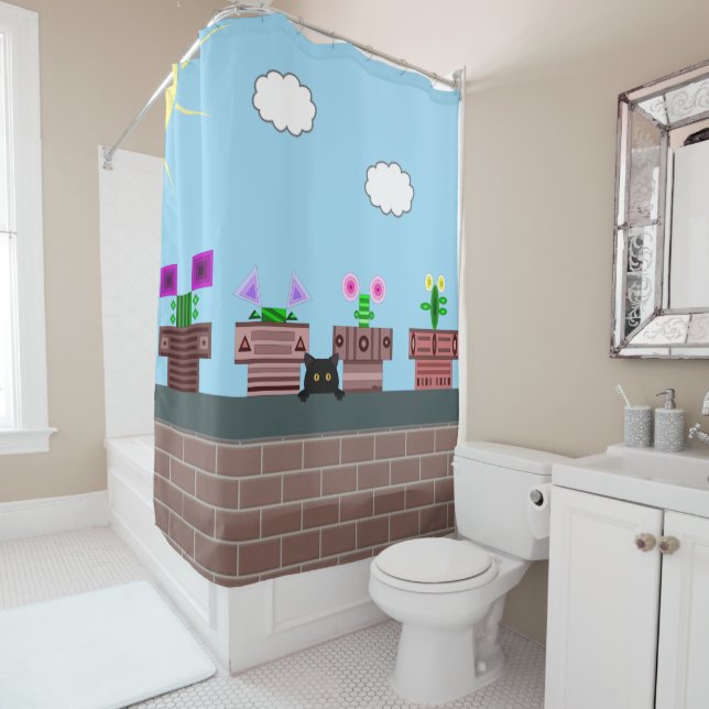 Four Pots and a Cat Shower Curtain (In Situ)