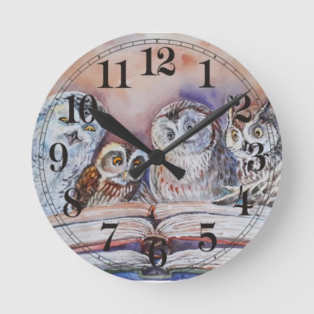 Four reading owls round clock (Front)