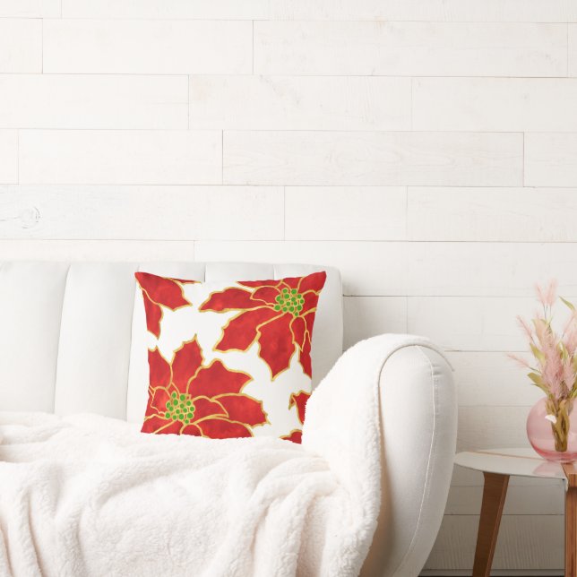 Four Red Gold Watercolor Poinsettias    Cushion (Couch)