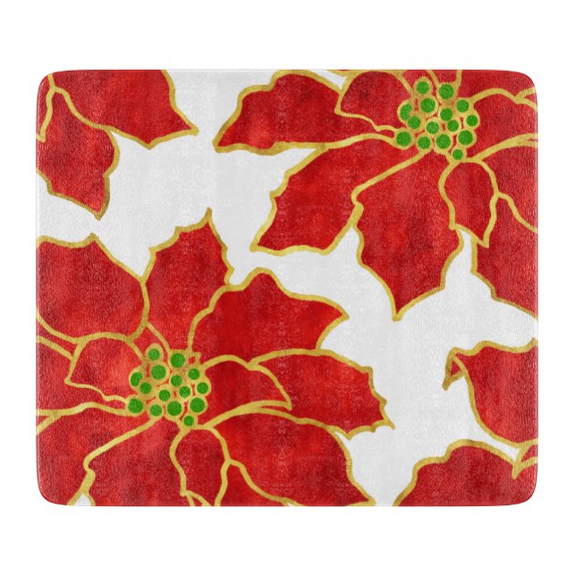 Four Red Gold Watercolor Poinsettias    Cutting Board (Front)
