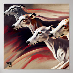 Four Running Greyhounds  Poster