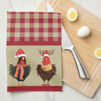 Four Santa Chickens - Red and Tan Lumberjack Plaid Tea Towel