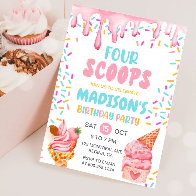 Four Scoops Girls Ice Cream 4th Birthday  Invitation (Creator Uploaded)