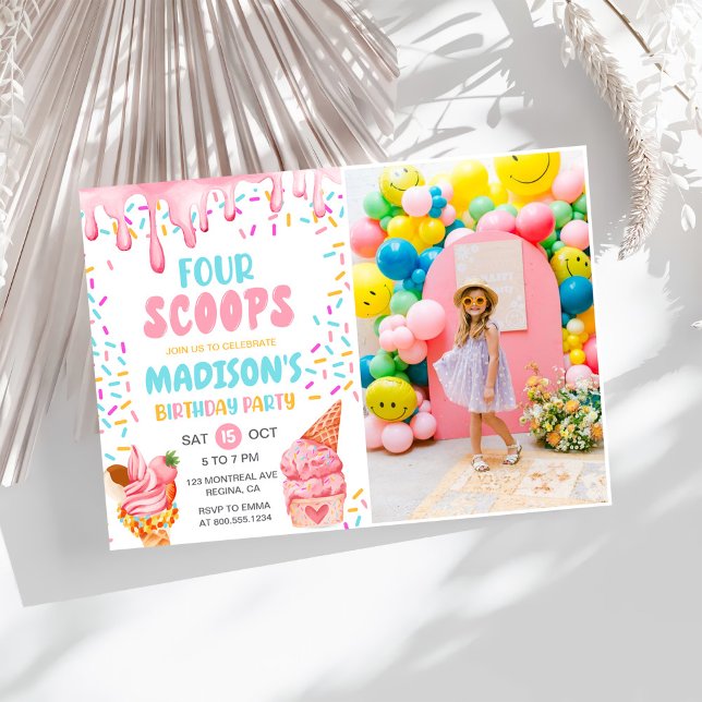 Four Scoops Girls Ice Cream 4th Birthday  Invitation (Creator Uploaded)
