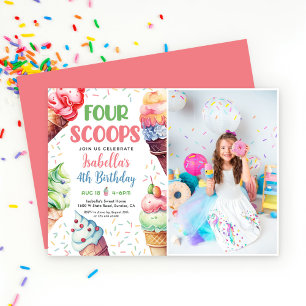 Four Scoops Girls Ice Cream 4th Birthday  Invitation