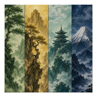 Four Seasons Mountain | Japanese Ink Landscape Poster