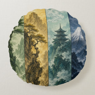 Four Seasons Mountain Japanese Ink Landscape Round Cushion