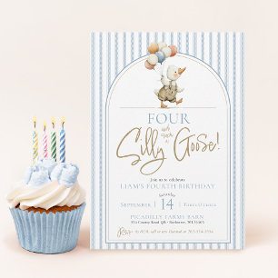 FOUR Silly Goose Cute Pinstripe Boy 4th Birthday Invitation