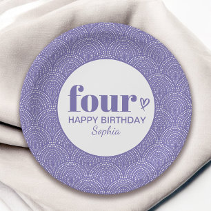 Four Simple Purple 4th Birthday with Name Paper Plate
