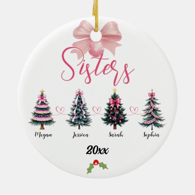 Four Sisters Christmas Tree With Custom names Ceramic Ornament (Back)