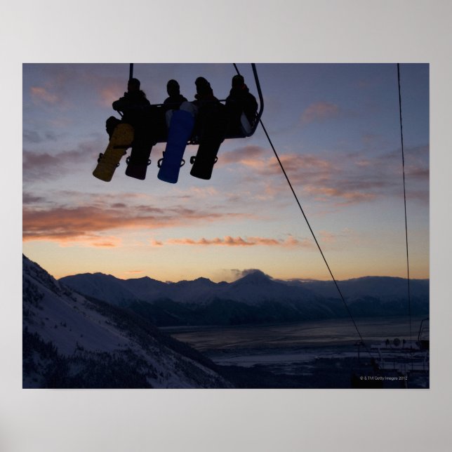 Four snowboarders are silhouetted on a ski lift poster (Front)