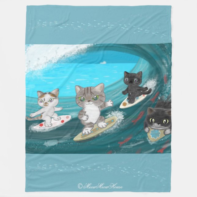 Four Surfing Cats in Izu Fleece Blanket (Front)