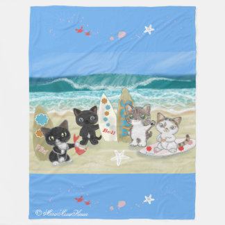 Four Surfing cats on the beach Fleece Blanket