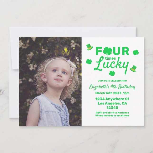 Four Times Lucky 4th Birthday Invitation (Front)