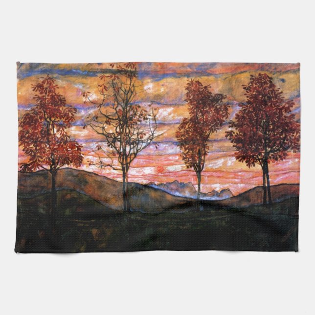 Four Trees by Egon Schiele Tea Towel (Horizontal)