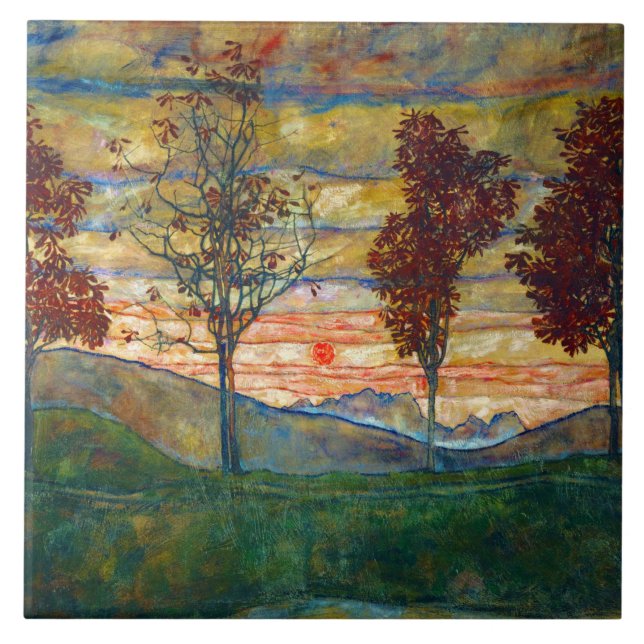Four Trees (Landscape Art) (by Egon Schiele) Ceramic Tile (Front)