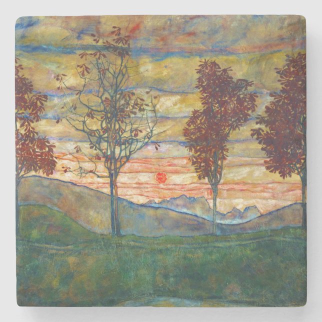 Four Trees (Landscape Art) (by Egon Schiele) Stone Coaster (Front)